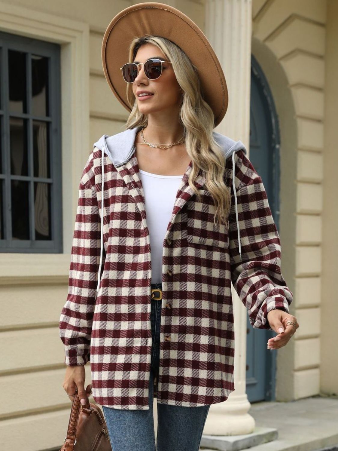 Drawstring Plaid Long Sleeve Hooded Jacket-TOPS / DRESSES-[Adult]-[Female]-2022 Online Blue Zone Planet