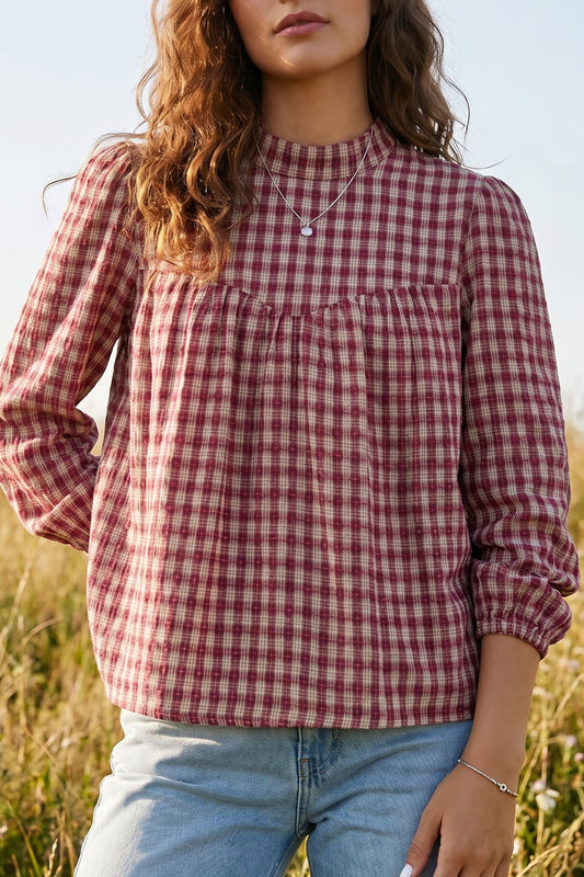 Coral Country Plaid Long Sleeve Button Keyhole Pleated Loose Blouse-Tops/Blouses & Shirts-[Adult]-[Female]-Coral-S-2022 Online Blue Zone Planet