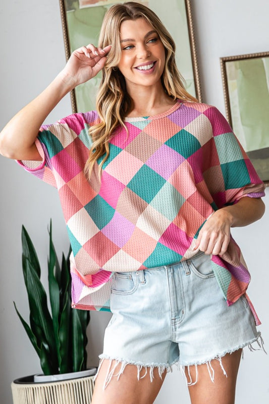 HOPELY Full Size Multi Colored Argyle Side Slit T-Shirt-TOPS / DRESSES-[Adult]-[Female]-Multi Color-S-2022 Online Blue Zone Planet