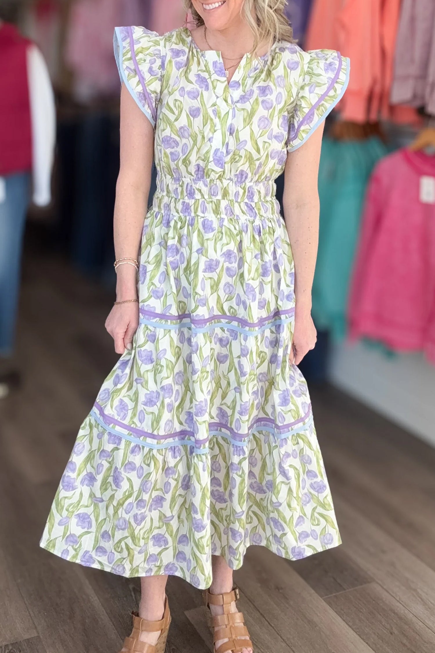 Purple Tulip Floral Print Contrast Trim Midi Dress-Dresses/Floral Dresses-[Adult]-[Female]-2022 Online Blue Zone Planet