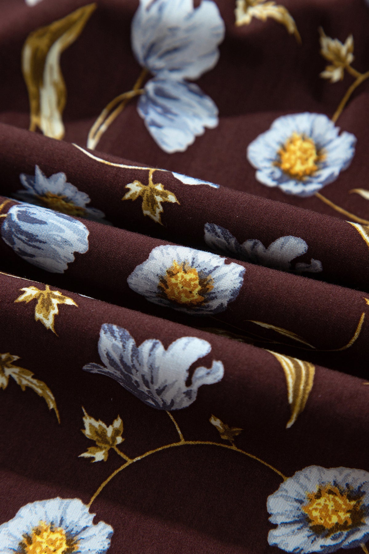 Brown Floral Print Shirred V Neck Shift Dress-TOPS / DRESSES-[Adult]-[Female]-2022 Online Blue Zone Planet