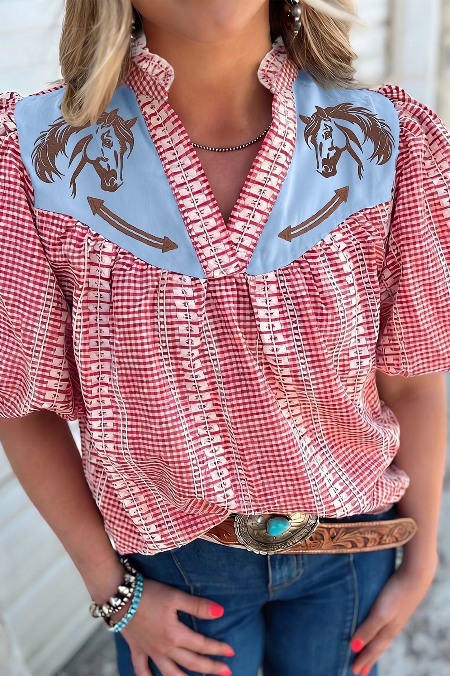Brown Western Pony Embroidered Yoke Puff Sleeve Gingham Blouse-Tops/Blouses & Shirts-[Adult]-[Female]-2022 Online Blue Zone Planet