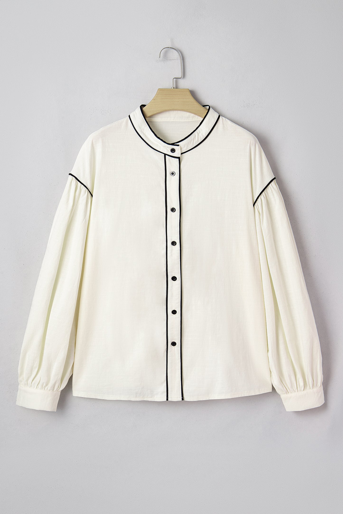 Beige Contrast Color Trim Button Down Long Puff Sleeve Shirt-Tops/Blouses & Shirts-[Adult]-[Female]-2022 Online Blue Zone Planet