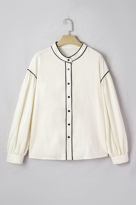 Beige Contrast Color Trim Button Down Long Puff Sleeve Shirt-Tops/Blouses & Shirts-[Adult]-[Female]-2022 Online Blue Zone Planet