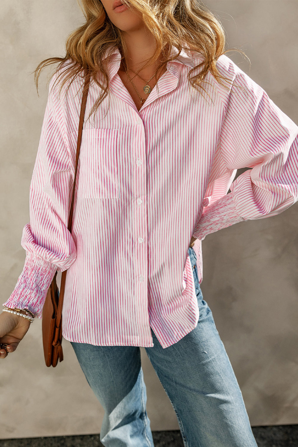 Bonbon Shirred Cuffs Collared Raglan Sleeve Relaxed Shirt-Tops/Blouses & Shirts-[Adult]-[Female]-2022 Online Blue Zone Planet