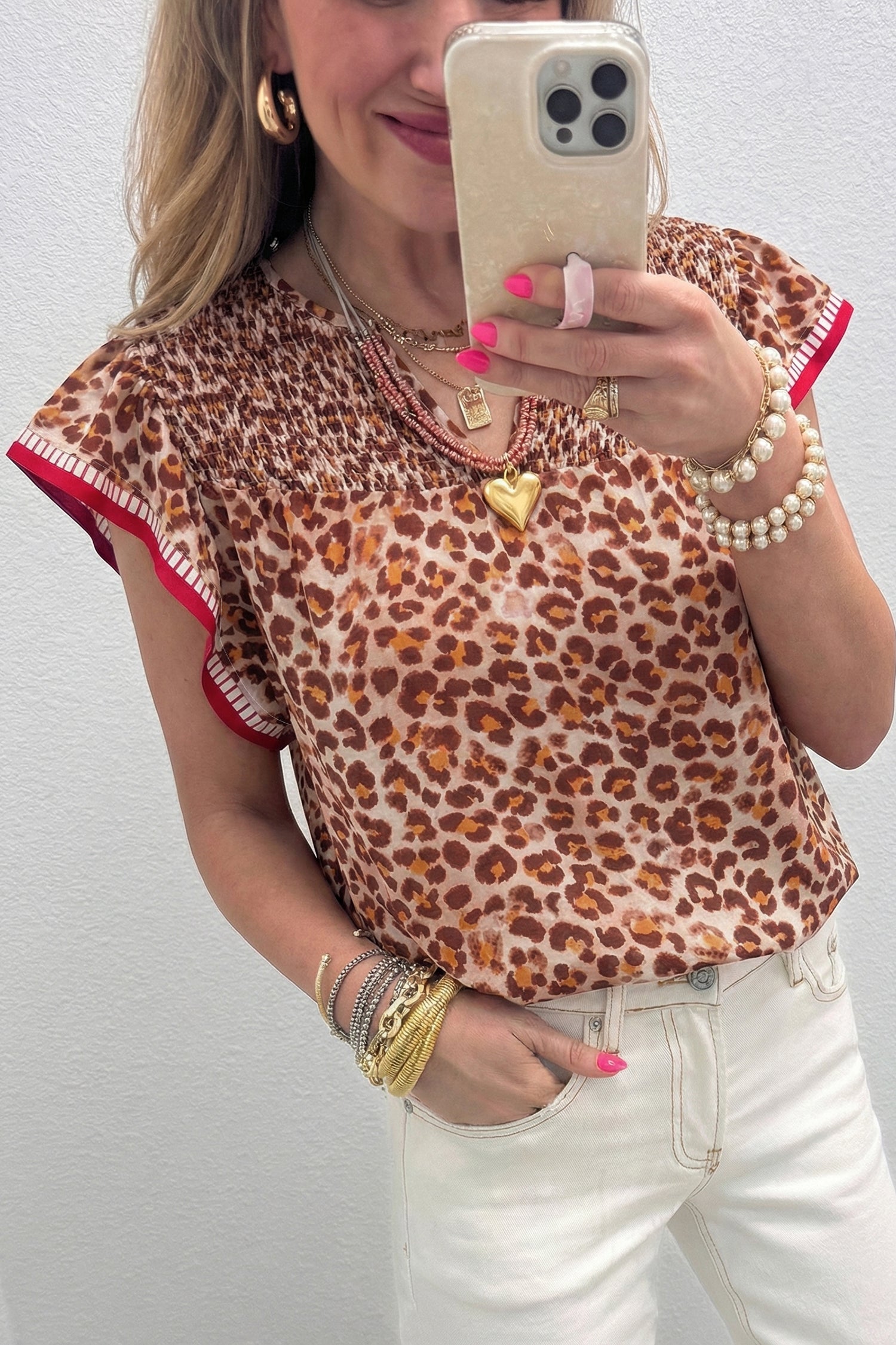 Apricot Contrast Trim Ruffled Short Sleeve Leopard Blouse-Tops/Blouses & Shirts-[Adult]-[Female]-Apricot-S-2022 Online Blue Zone Planet