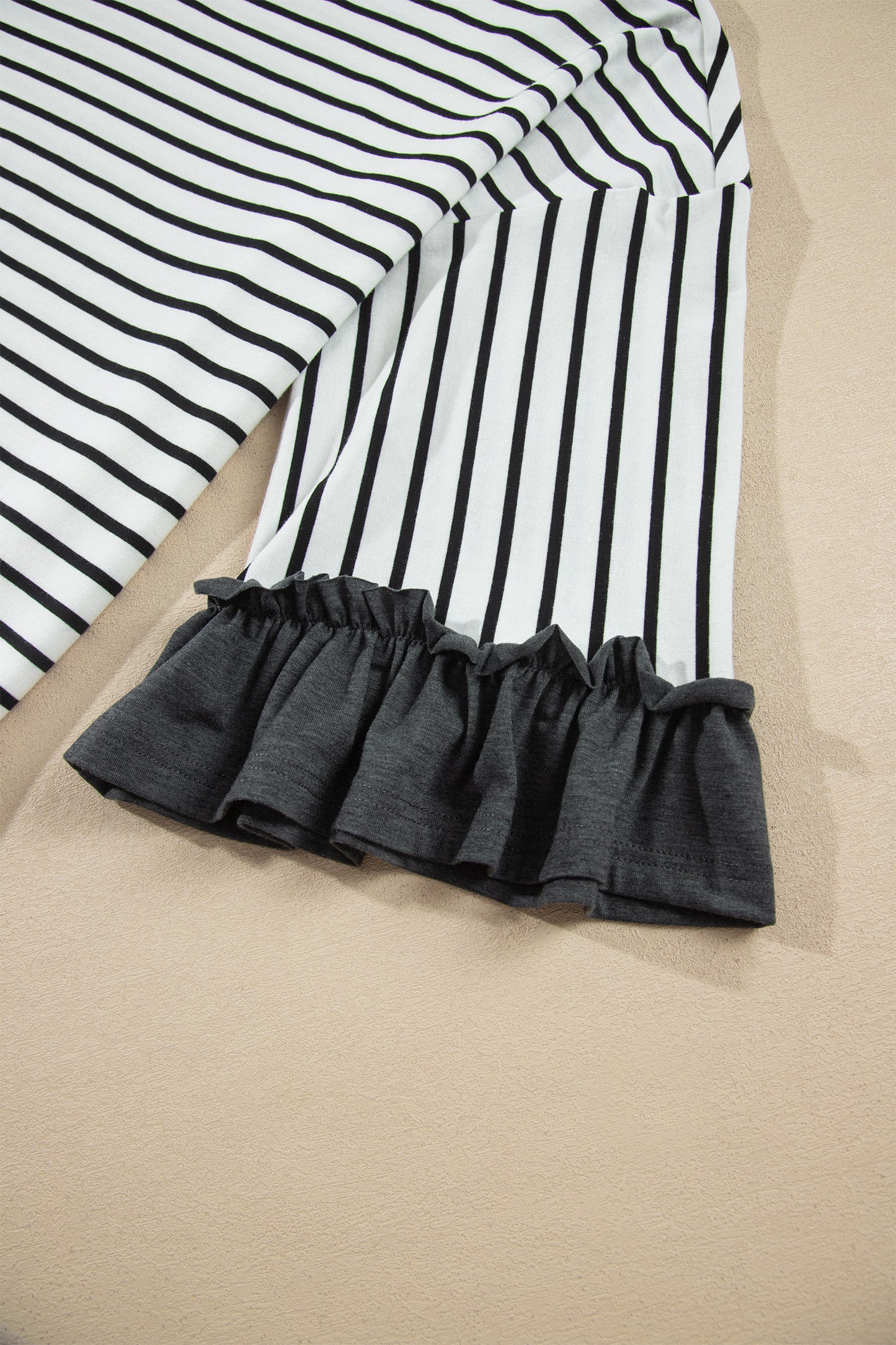 Gray Stripe V Neck Ruffle Contrast Sleeve Top Drawstring Pants 2pcs Set-Two Piece Sets/Pant Sets-[Adult]-[Female]-2022 Online Blue Zone Planet