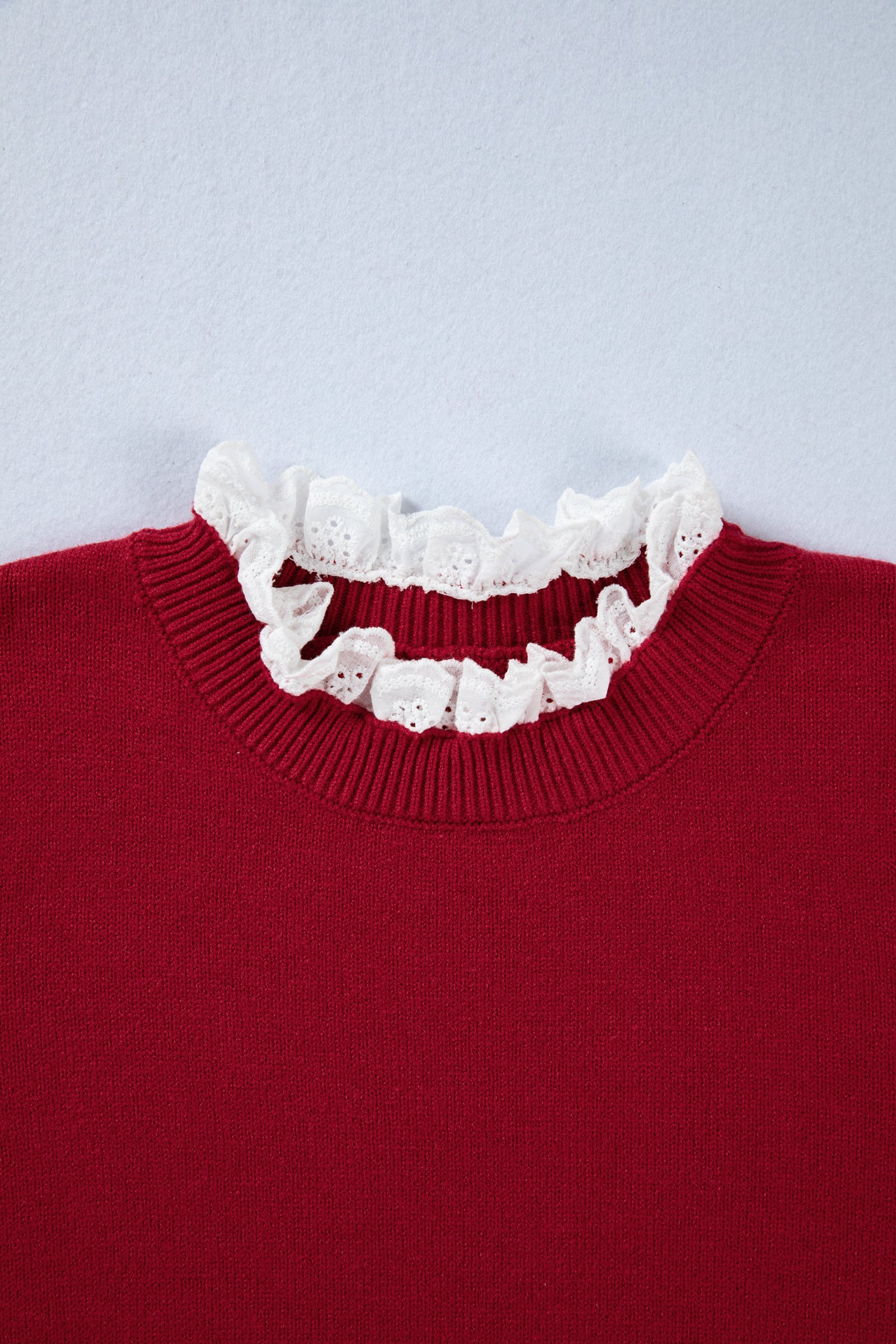 Racing Red Lace Trim Patchwork Buttoned Cuffs Loose Sweater-TOPS / DRESSES-[Adult]-[Female]-2022 Online Blue Zone Planet