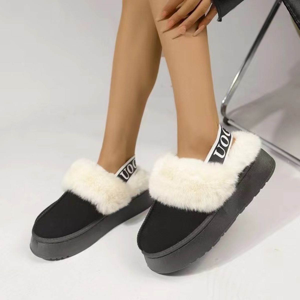 Blue Zone Planet | Plush Platform Slippers with Letter Strap-SHOES-[Adult]-[Female]-Black-36(US5)-2022 Online Blue Zone Planet