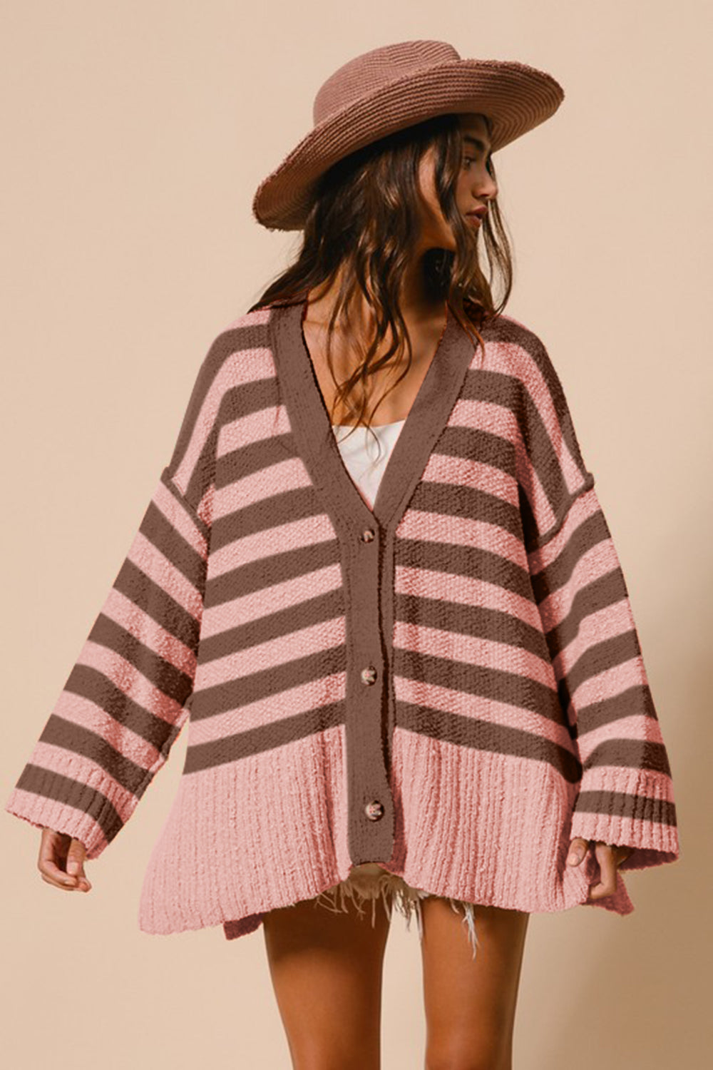 BiBi Slit Striped V-Neck Button Up Cardigan-TOPS / DRESSES-[Adult]-[Female]-2022 Online Blue Zone Planet