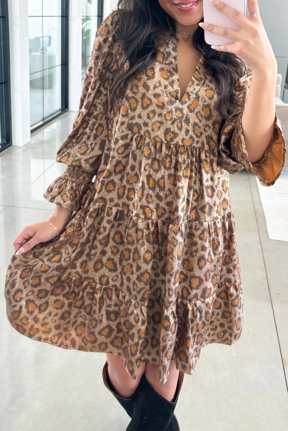 Khaki Leopard Print V Neck Ruffled Sleeve Tiered Loose Mini Dress-TOPS / DRESSES-[Adult]-[Female]-Khaki-S-2022 Online Blue Zone Planet