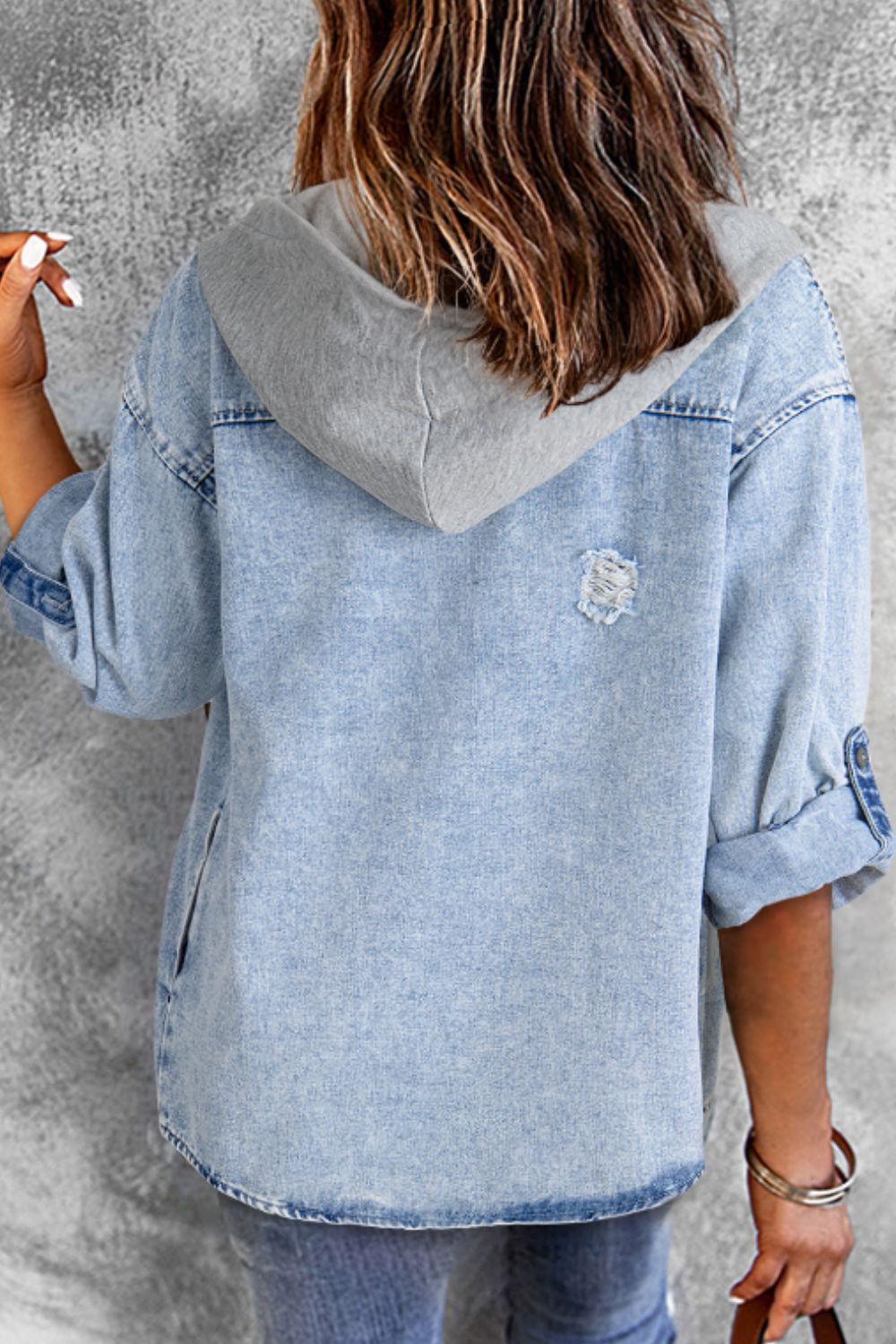 Distressed Button Up Hooded Denim Jacket with Pockets-TOPS / DRESSES-[Adult]-[Female]-2022 Online Blue Zone Planet