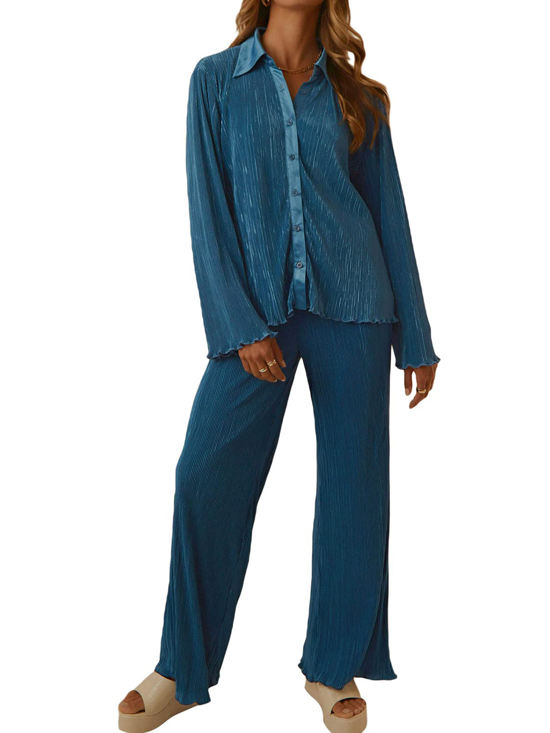 Collared Neck Long Sleeve Top and Pants Lounge Set-TOPS / DRESSES-[Adult]-[Female]-2022 Online Blue Zone Planet