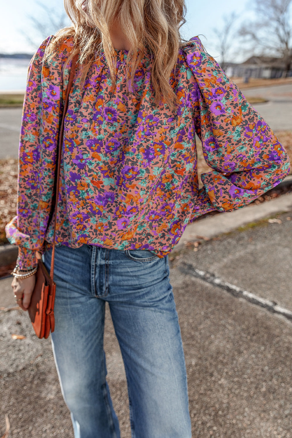 Purple Floral Allover Print Shirred Cuff Frilled O Neck Blouse-Tops/Blouses & Shirts-[Adult]-[Female]-2022 Online Blue Zone Planet