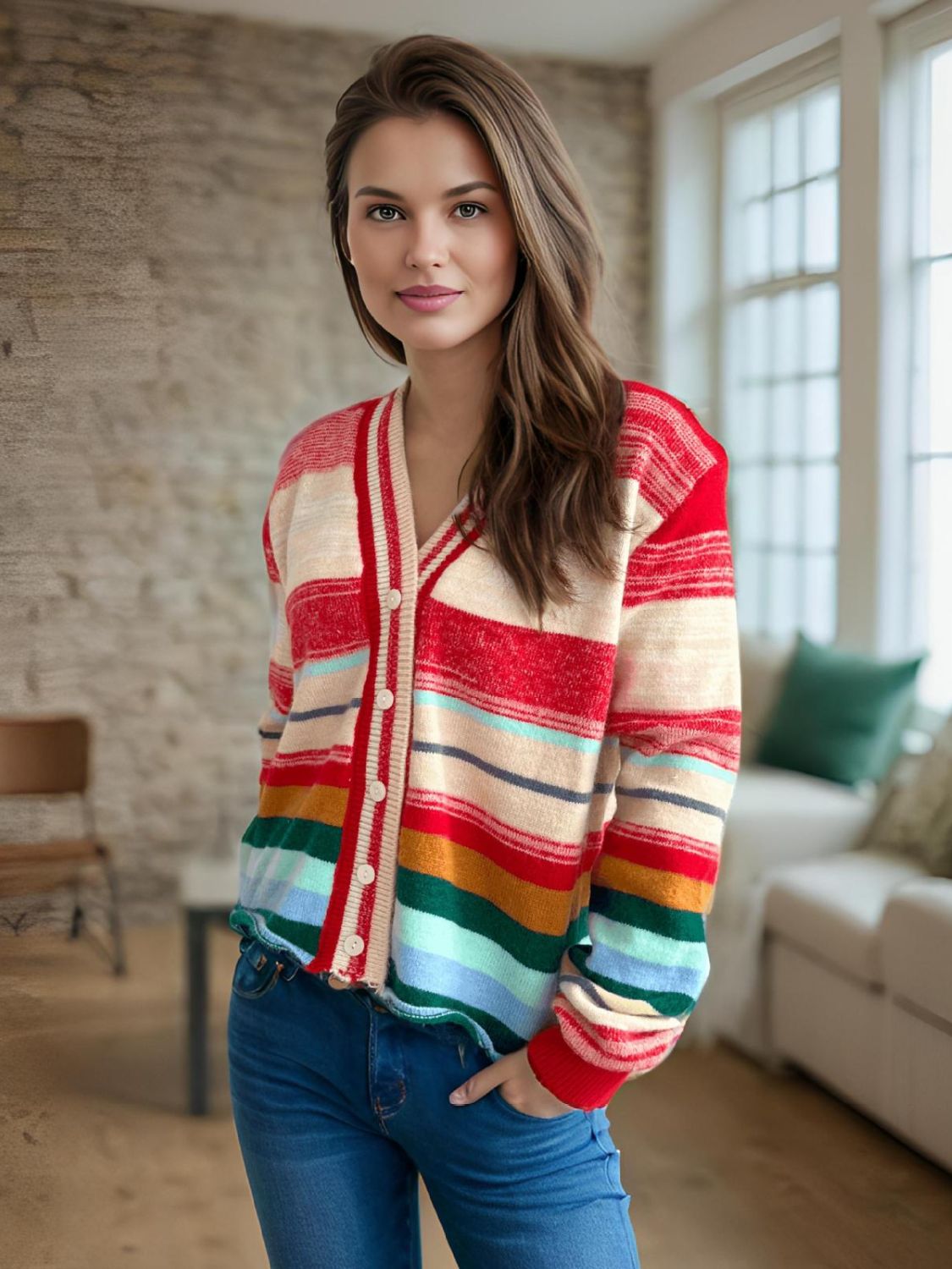 Striped Button Down V-Neck Long Sleeve Cardigan-TOPS / DRESSES-[Adult]-[Female]-Multicolor-One Size-2022 Online Blue Zone Planet