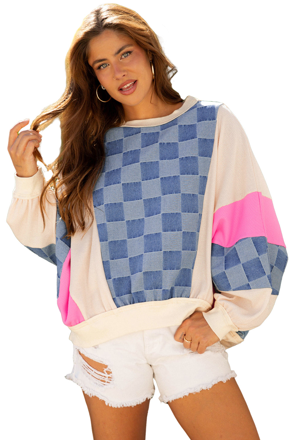 Sky Blue Oversized Checkered Denim Exposed Seam Patchwork Casual Sweatshirt-Tops/Sweatshirts & Hoodies-[Adult]-[Female]-2022 Online Blue Zone Planet