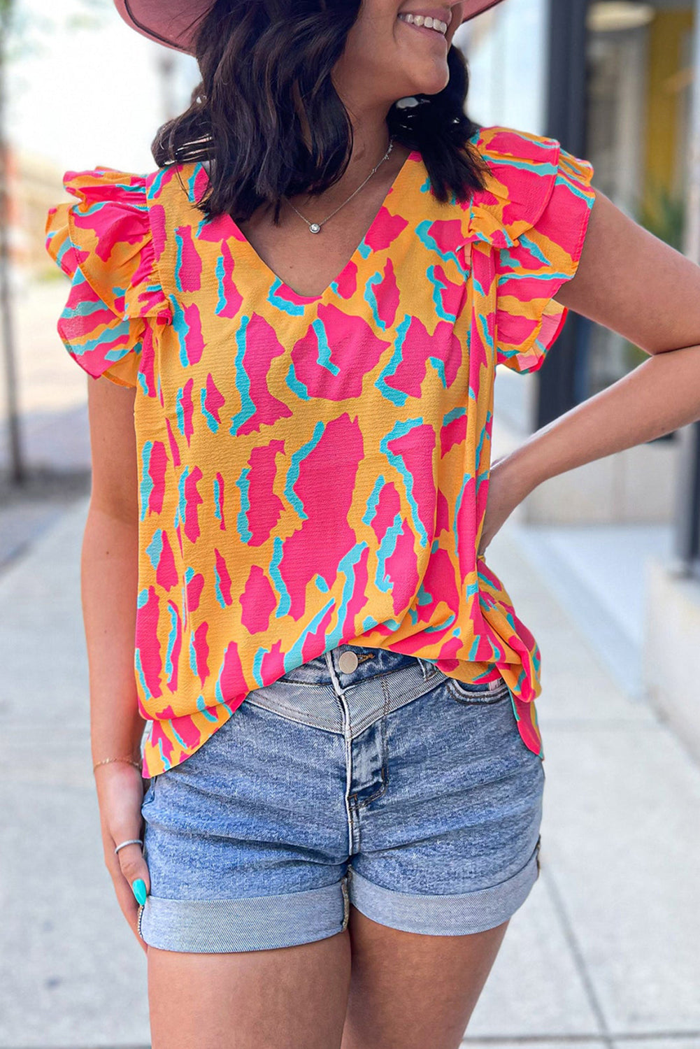 Orange Abstract Print V Neck Ruffled Sleeve Blouse-Tops/Blouses & Shirts-[Adult]-[Female]-Orange-S-2022 Online Blue Zone Planet