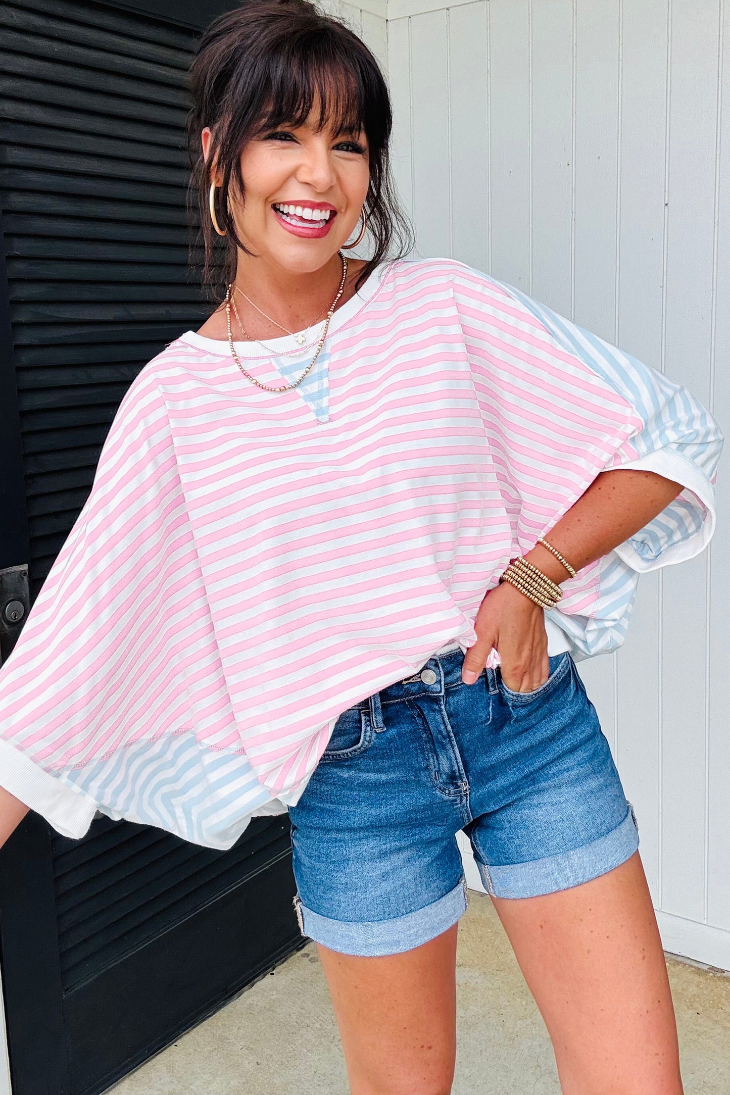 Casual Stripe Oversize Dolman Sleeve Patchwork T Shirt-Tops/Tops & Tees-[Adult]-[Female]-2022 Online Blue Zone Planet