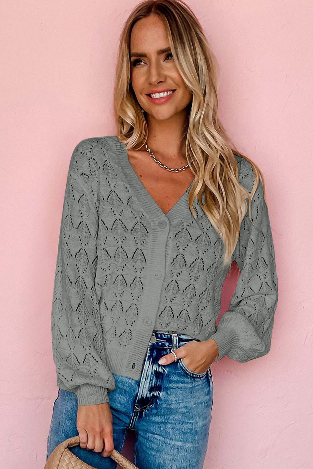 Gray Lightweight Buttoned Front Crochet Cardigan-TOPS / DRESSES-[Adult]-[Female]-2022 Online Blue Zone Planet