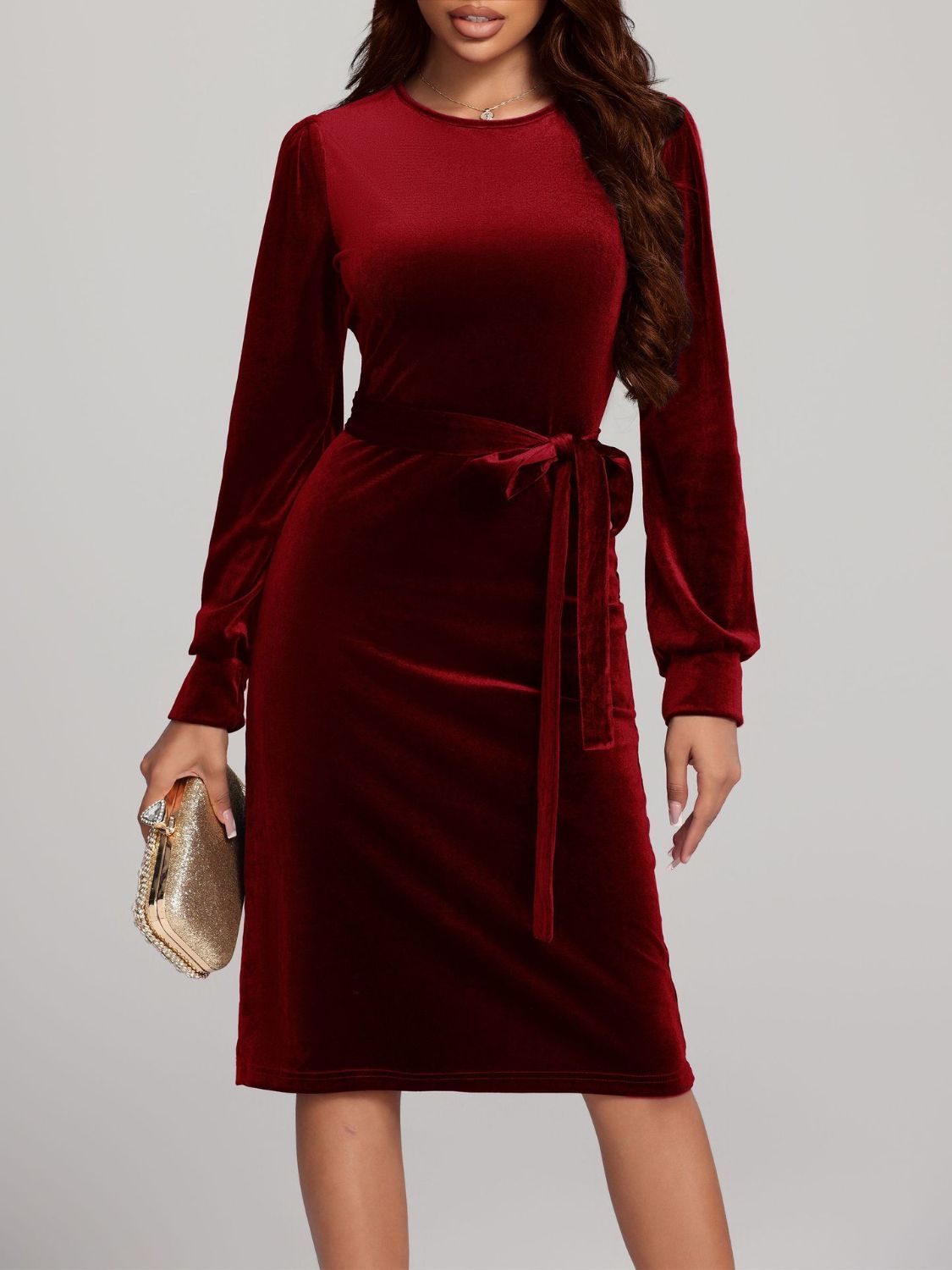 Blue Zone Planet | Round Neck Tie Waist Long Sleeve Velvet Dress-TOPS / DRESSES-[Adult]-[Female]-Burgundy-S-2022 Online Blue Zone Planet