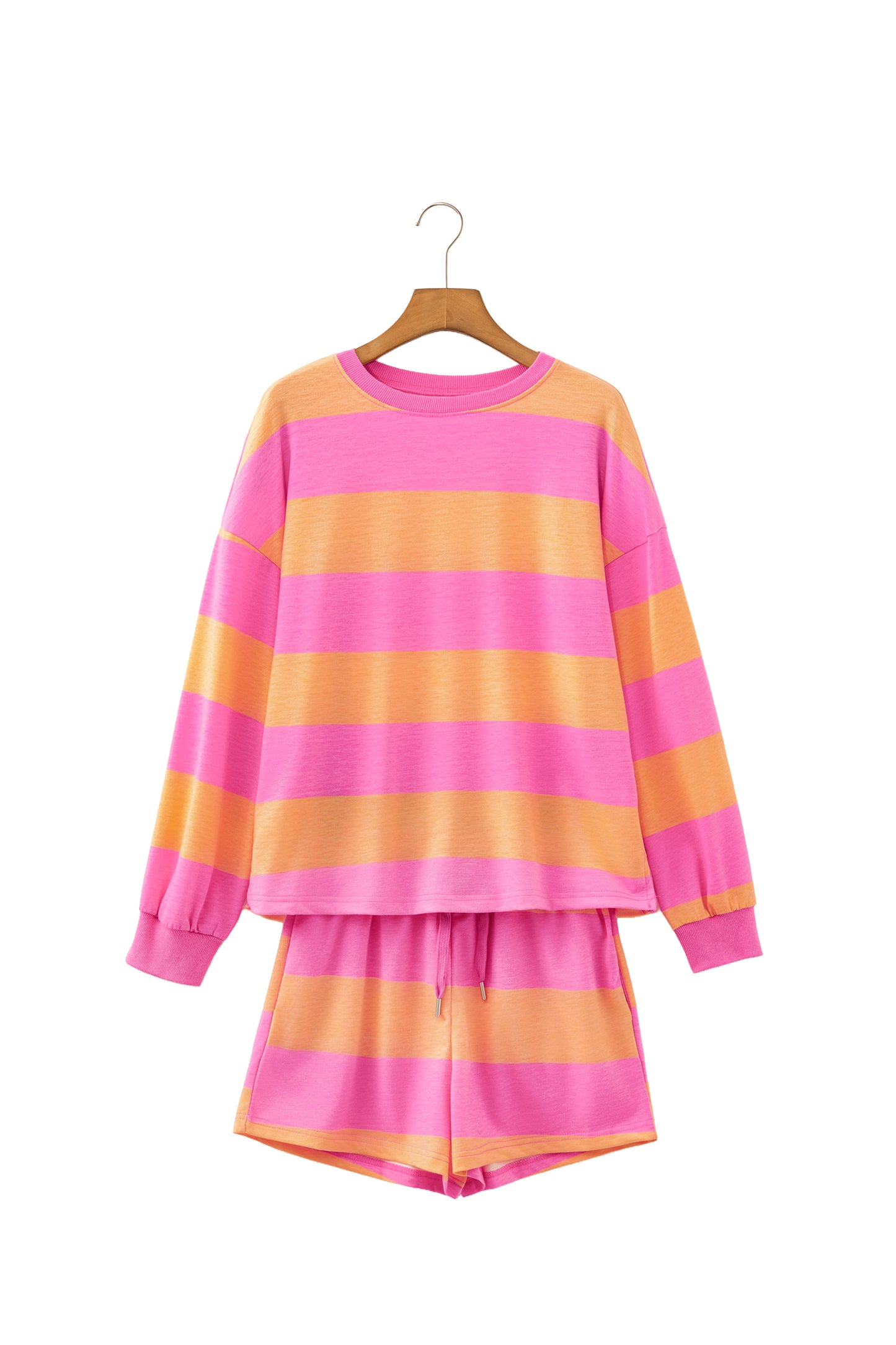 Pink Stripe Long Sleeve Casual Top Drawstring Shorts 2pcs Set-Two Piece Sets/Short Sets-[Adult]-[Female]-2022 Online Blue Zone Planet