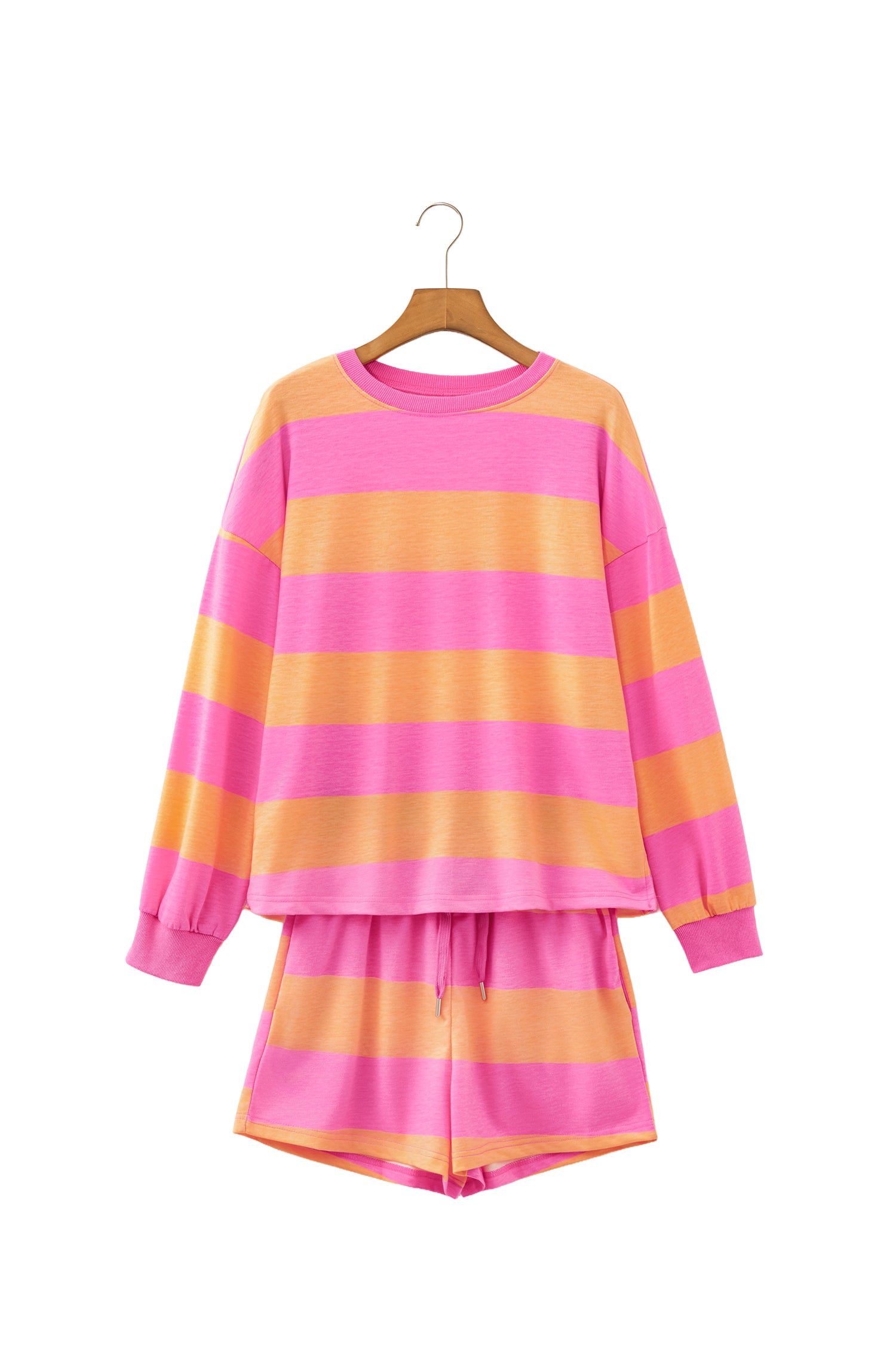 Pink Stripe Long Sleeve Casual Top Drawstring Shorts 2pcs Set-Two Piece Sets/Short Sets-[Adult]-[Female]-2022 Online Blue Zone Planet