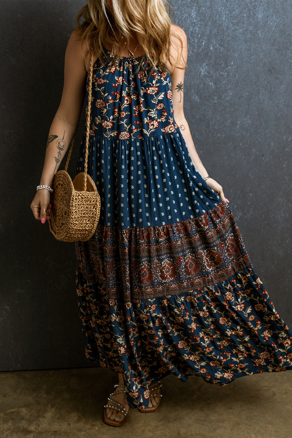 Blue Zone Planet | Blue Boho Floral Splicing Sleeveless Maxi Dress-TOPS / DRESSES-[Adult]-[Female]-2022 Online Blue Zone Planet