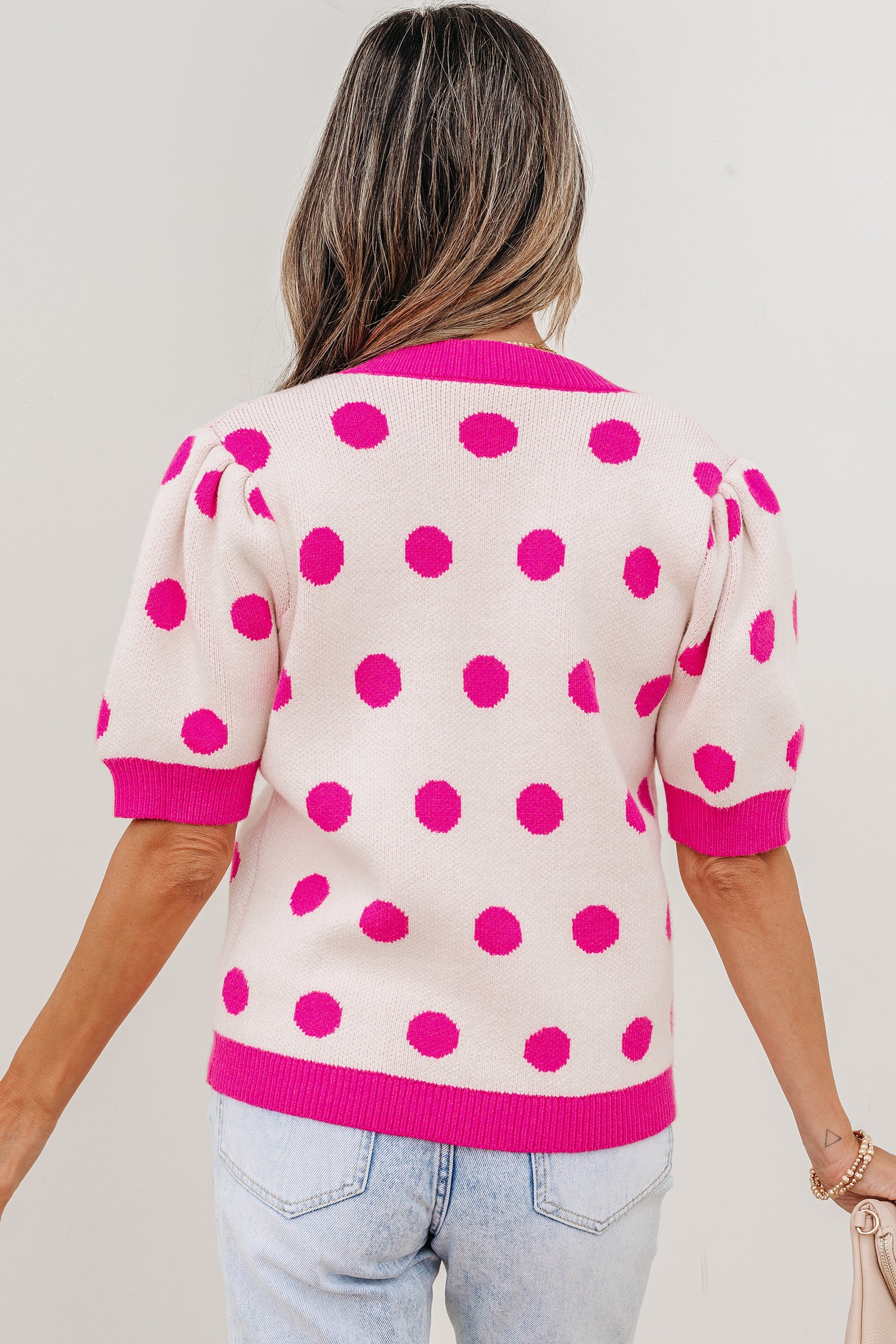 Rose Red Polka Dot Puff Short Sleeve Sweater Top-Sweaters & Cardigans/Short Sleeve Sweaters-[Adult]-[Female]-2022 Online Blue Zone Planet