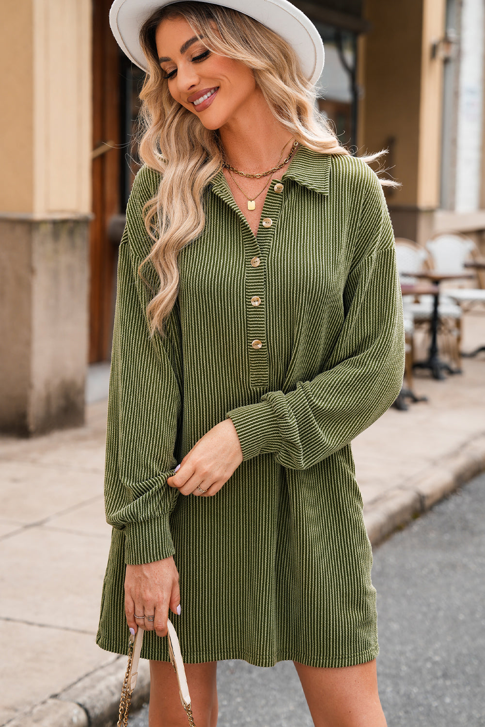 Moss Green Corded Buttons Placket Drop Shoulder Collared Shift Dress-Dresses/Mini Dresses-[Adult]-[Female]-2022 Online Blue Zone Planet