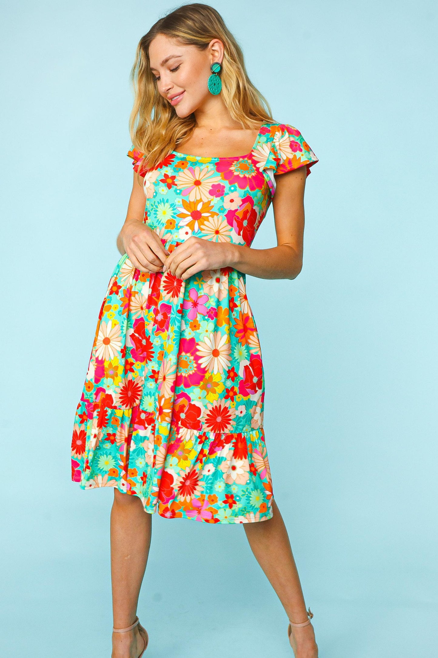 Haptics Floral Square Neck Short Sleeve Dress-TOPS / DRESSES-[Adult]-[Female]-2022 Online Blue Zone Planet