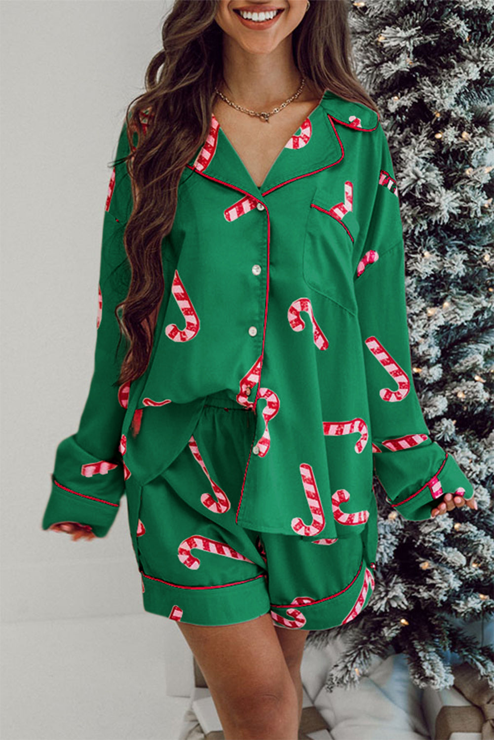 Blue Zone Planet | Green Christmas Candy Cane Print Shirt and Shorts Pajama Set-Loungewear & Sleepwear/Sleepwear-[Adult]-[Female]-Green-S-2022 Online Blue Zone Planet