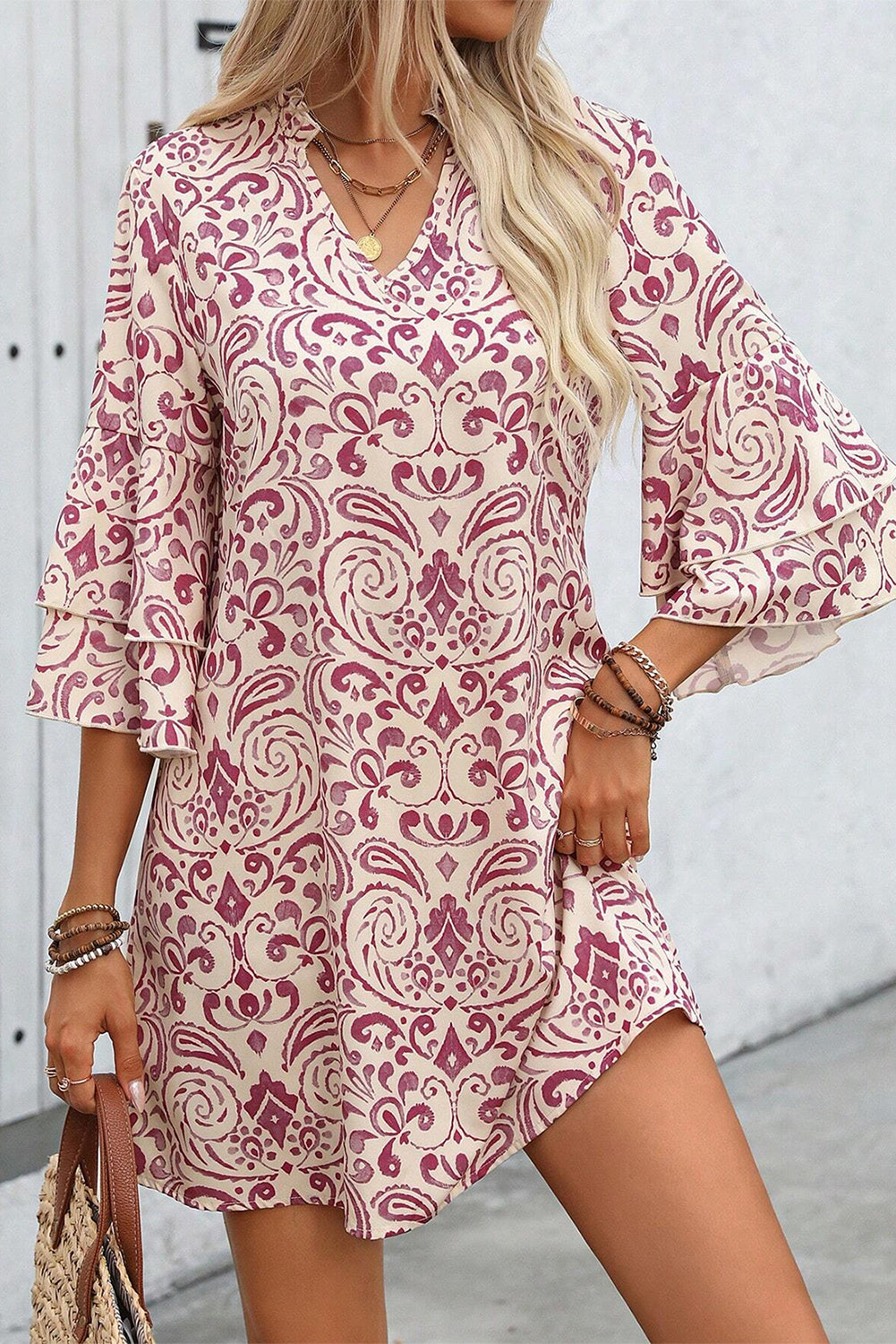 Blue Zone Planet |  Pink Paisley Print Tiered 3/4 Sleeve Notched Neck Mini Dress