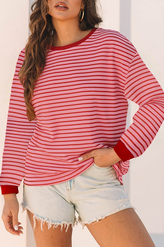 Pink Stripe Textured Round Neck Drop Shoulder Long Sleeve T Shirt-Tops/Long Sleeve Tops-[Adult]-[Female]-Pink Stripe-S-2022 Online Blue Zone Planet