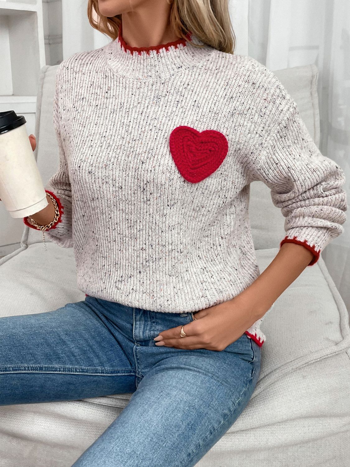 Perfee Contrast Heart Round Neck Long Sleeve Sweater-TOPS / DRESSES-[Adult]-[Female]-2022 Online Blue Zone Planet