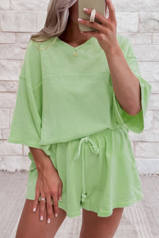 Meadow Mist Green Solid Loose V Neck Half Sleeve Tee and Shorts-Two Piece Sets/Short Sets-[Adult]-[Female]-Meadow Mist Green-S-2022 Online Blue Zone Planet