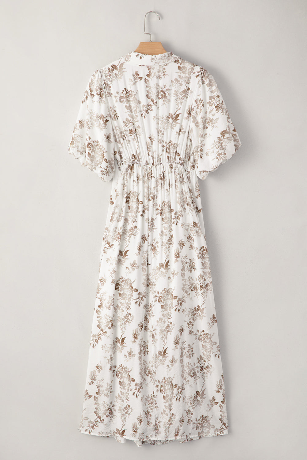 Khaki Floral Puff Sleeve V Neck Buttoned Front Maxi Dress-Dresses/Maxi Dresses-[Adult]-[Female]-2022 Online Blue Zone Planet