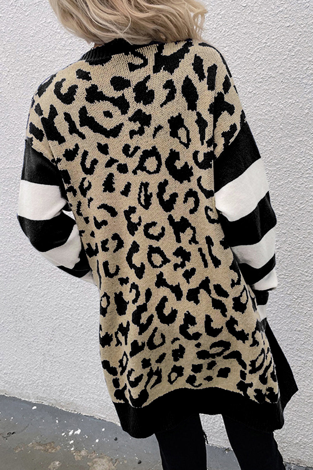 Black Stripe Sleeve Leopard Print Open Front Cardigan With Pockets-Sweaters & Cardigans/Cardigans-[Adult]-[Female]-2022 Online Blue Zone Planet