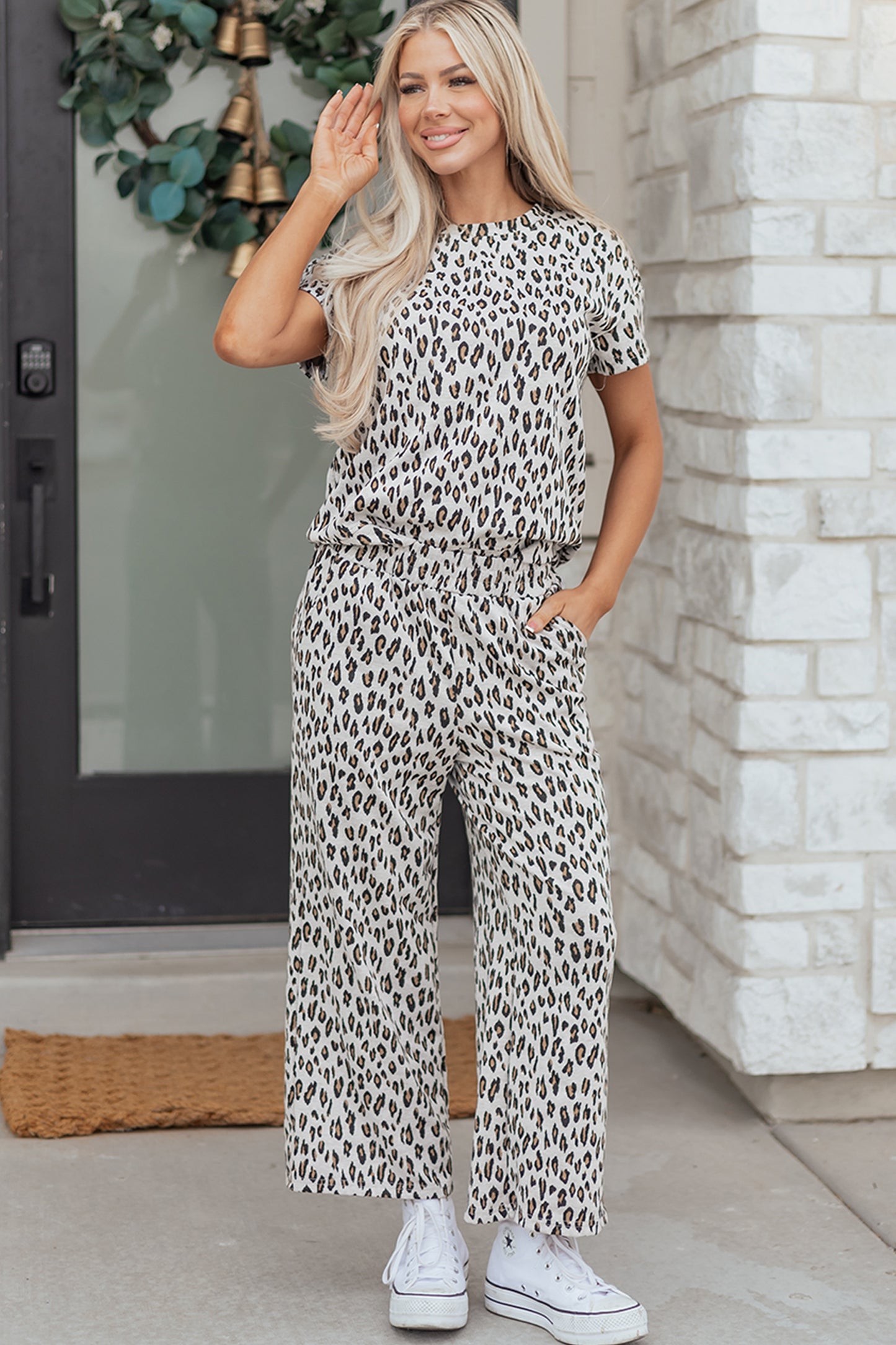 Beige Leopard Print Casual Tee and Pants 2pcs Outfit-Two Piece Sets/Pant Sets-[Adult]-[Female]-2022 Online Blue Zone Planet