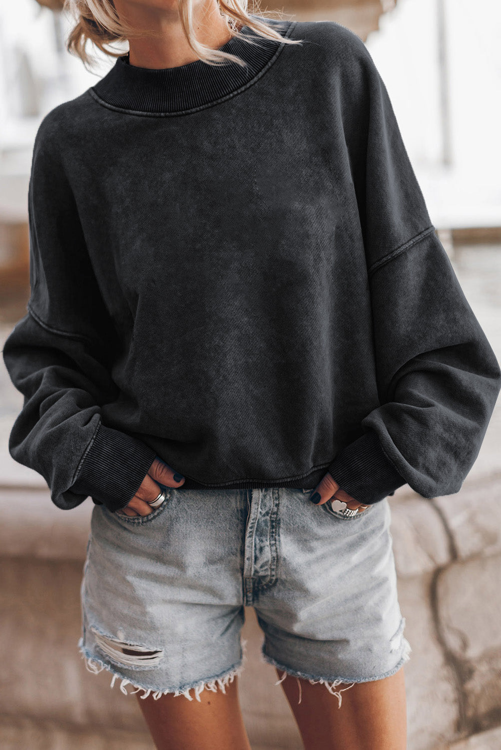 Orange Drop Shoulder Crew Neck Pullover Sweatshirt-Tops/Sweatshirts & Hoodies-[Adult]-[Female]-Black-S-2022 Online Blue Zone Planet