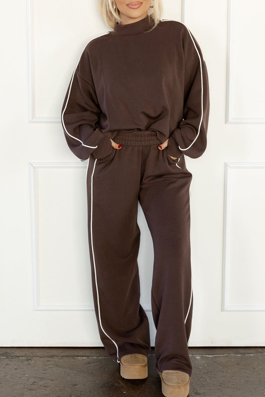 Coffee Sporty Piping Trim Mock Neck Pullover Relaxed 2pcs Pant Set-Two Piece Sets/Pant Sets-[Adult]-[Female]-Coffee-S-2022 Online Blue Zone Planet