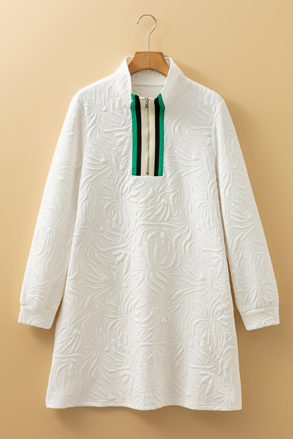 White Jacquard Textured Quarter Zipper Shift Mini Dress-TOPS / DRESSES-[Adult]-[Female]-2022 Online Blue Zone Planet