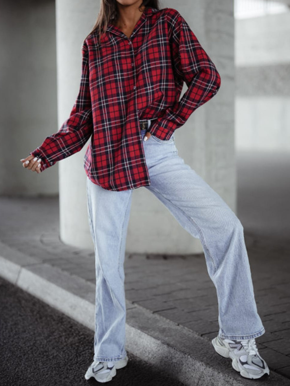 Plaid Collared Neck Long Sleeve Shirt-TOPS / DRESSES-[Adult]-[Female]-2022 Online Blue Zone Planet