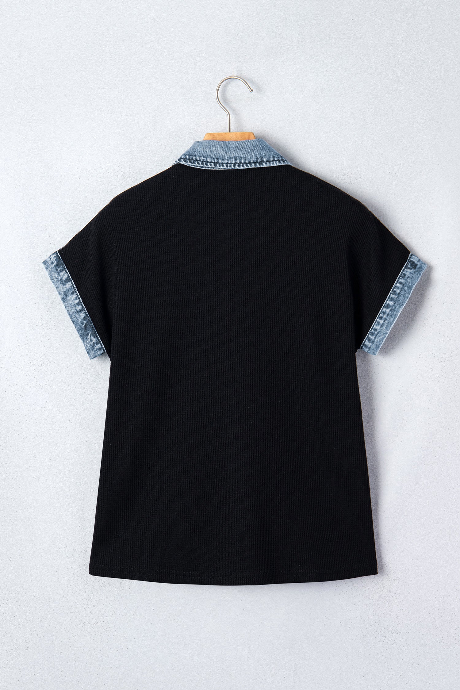 Black Textured Knit Denim Color Block Patchwork Collar Button Down Shirt-Tops/Blouses & Shirts-[Adult]-[Female]-2022 Online Blue Zone Planet