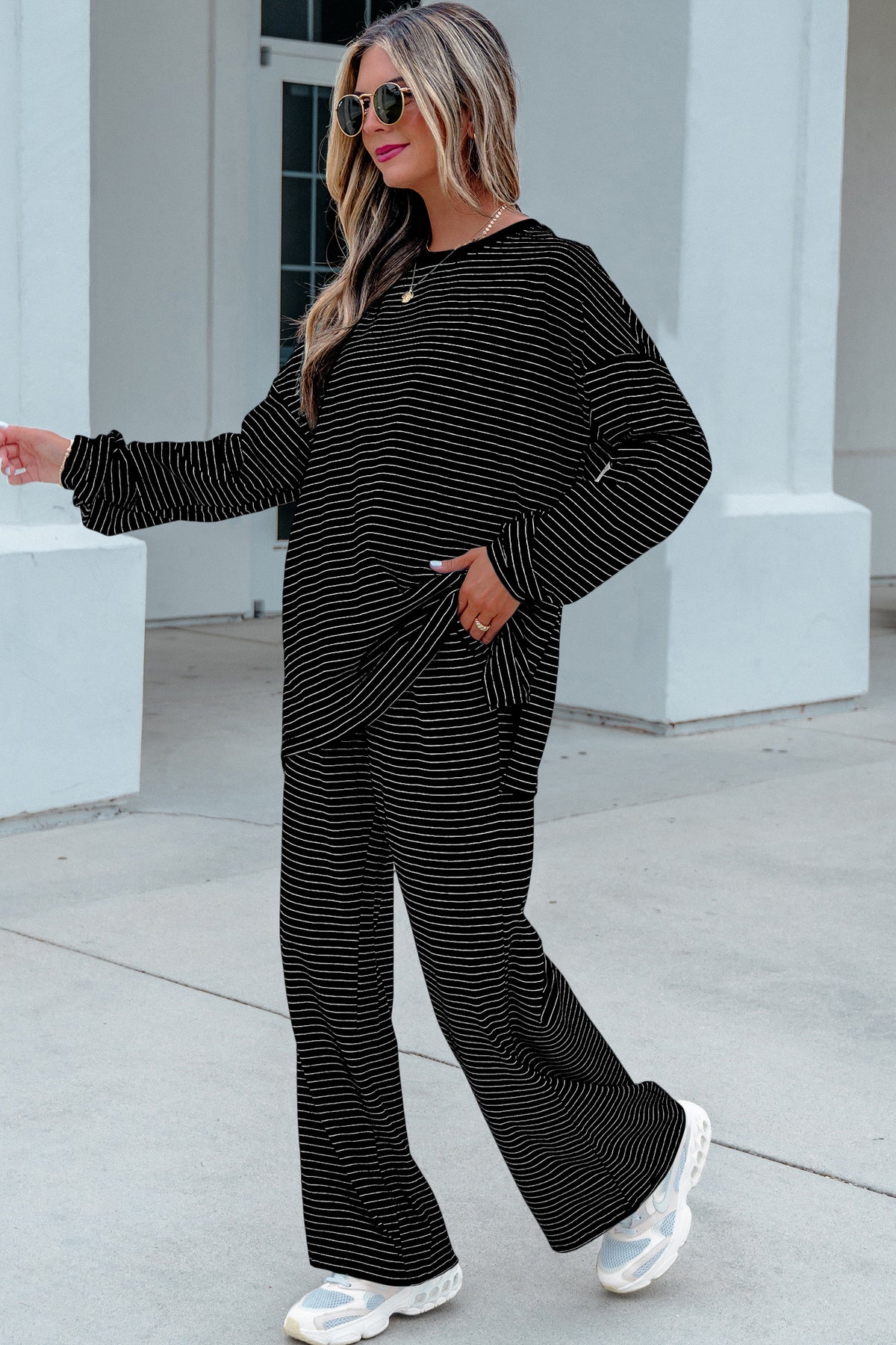 Black Stripe Dropped Shoulder Long Sleeve Top Elastic Waist Pants Casual 2pcs Set-Two Piece Sets/Pant Sets-[Adult]-[Female]-2022 Online Blue Zone Planet