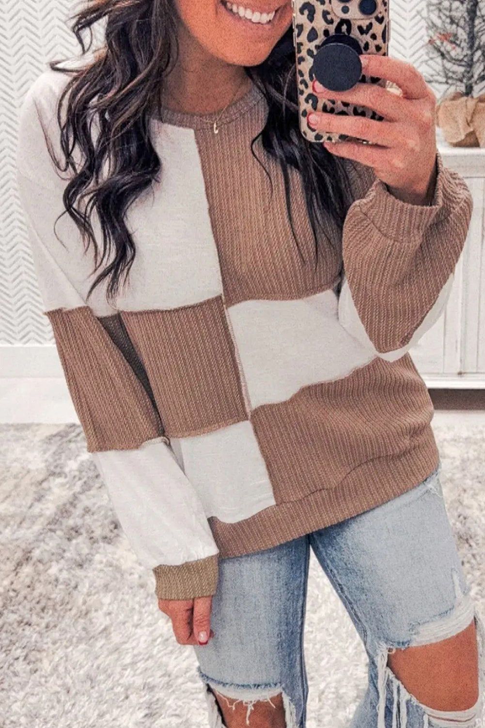 Dark Khaki Colorblock Checkered Raw Seamed Round Neck Knitted Jumper-Tops/Long Sleeve Tops-[Adult]-[Female]-Dark Khaki-S-2022 Online Blue Zone Planet