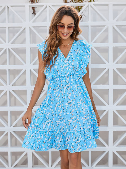 Ruffled Ditsy Floral Surplice Mini Dress-TOPS / DRESSES-[Adult]-[Female]-Light Blue-S-2022 Online Blue Zone Planet