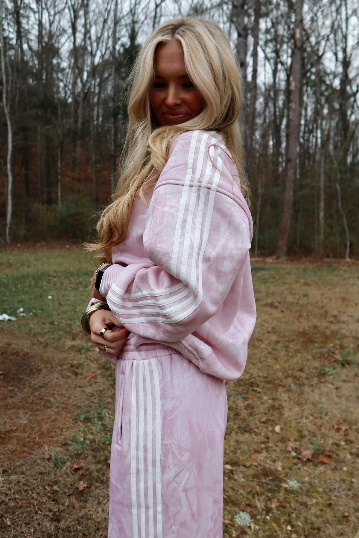 Pink Abstract Print Side Stripe Detail Long Sleeve Top Loose Pants Set