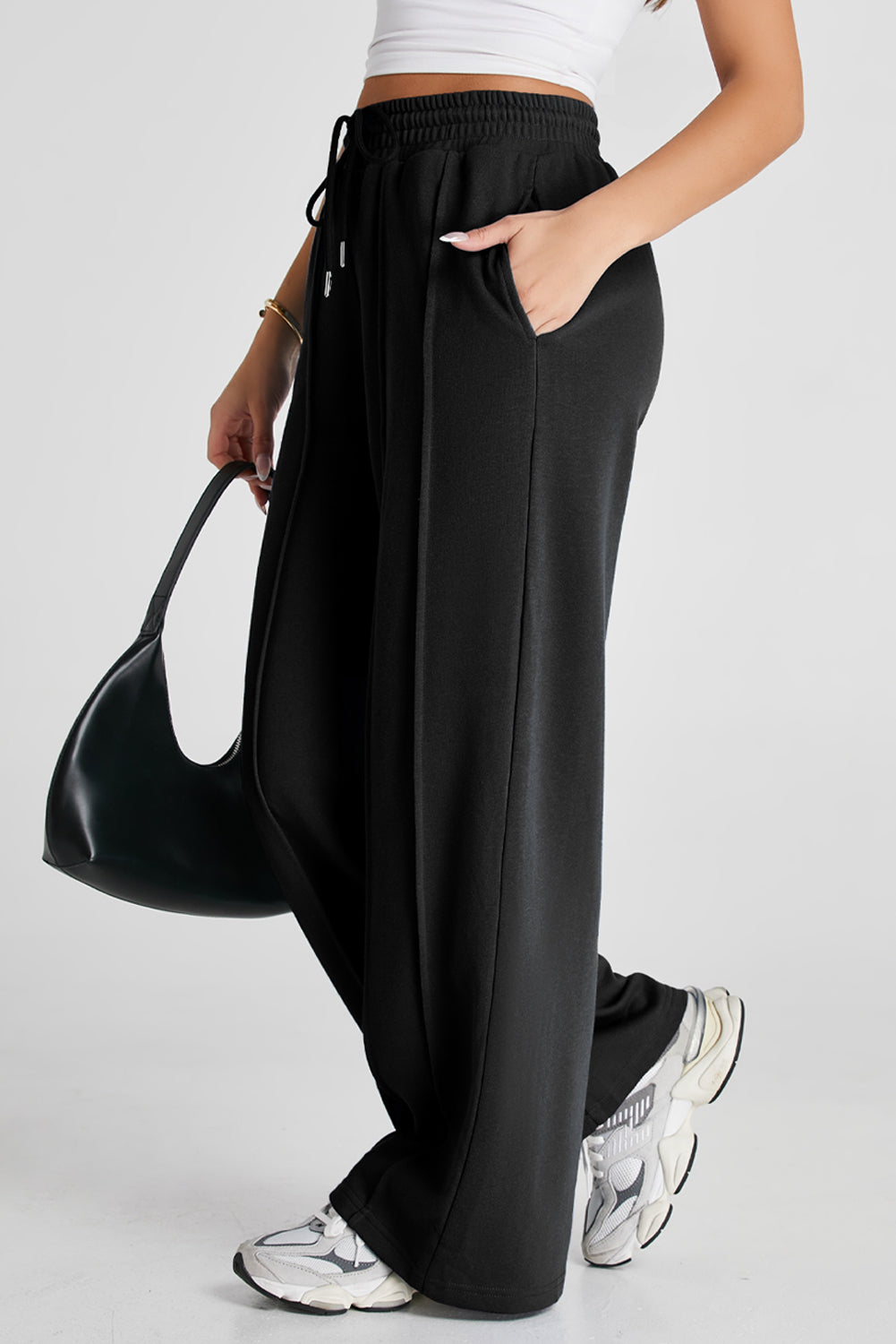 Black Seamed Drawstring High Waist Wide Leg Sweatpants-Bottoms/Pants & Culotte-[Adult]-[Female]-2022 Online Blue Zone Planet