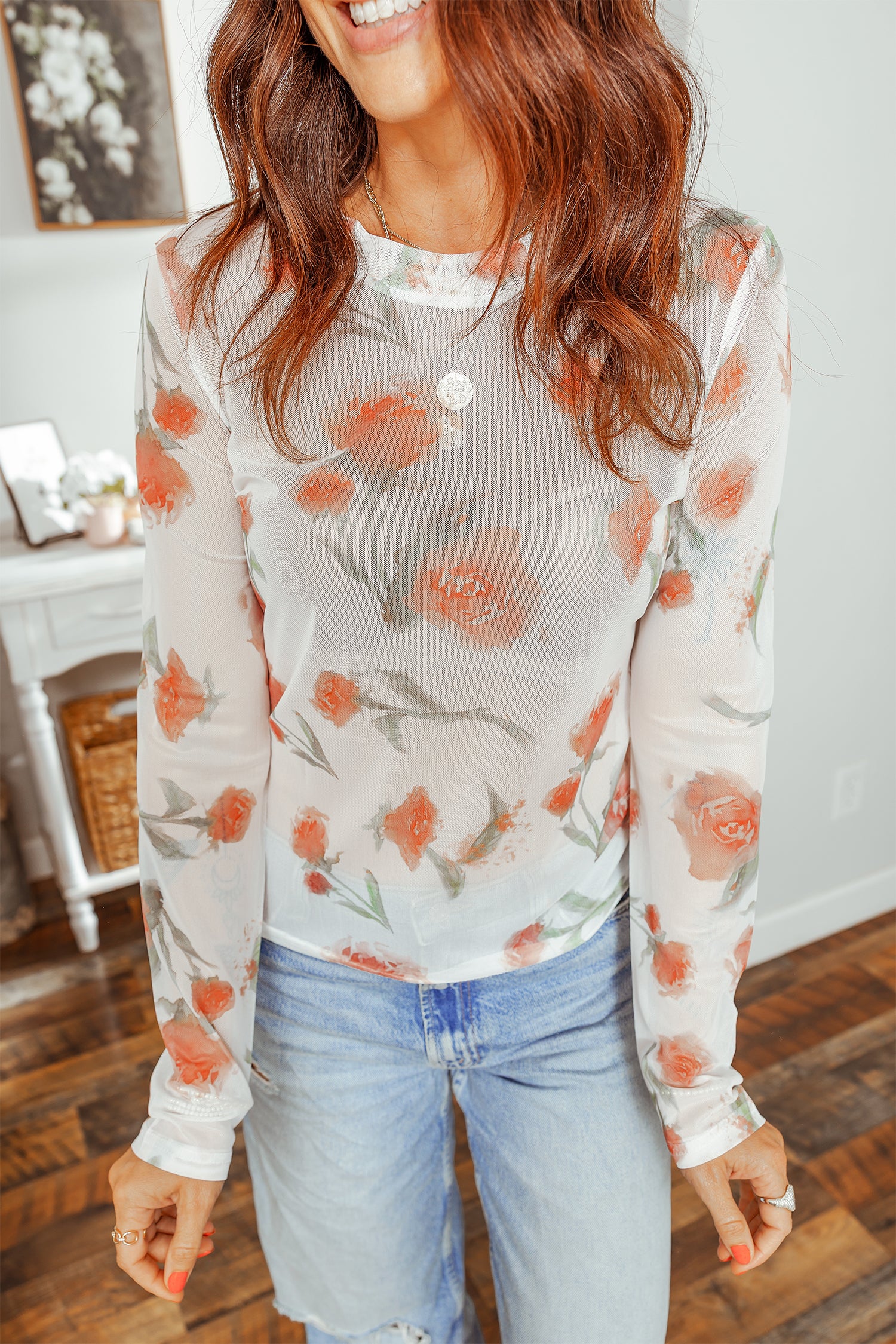 Casual Round Neck Floral Print Mesh Long Sleeve Top-Tops/Long Sleeve Tops-[Adult]-[Female]-2022 Online Blue Zone Planet