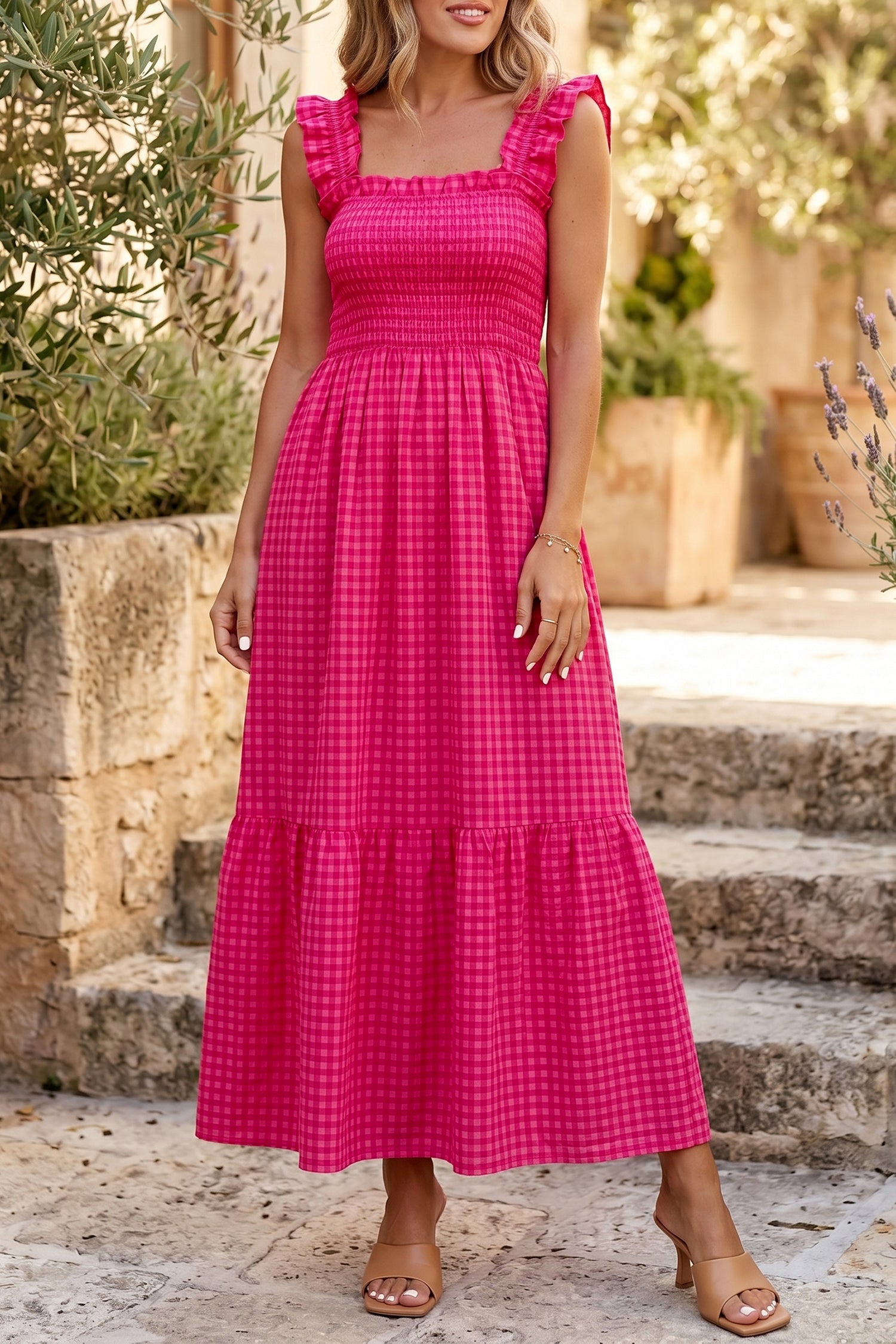 Red Plaid Square Neck Fit-and-flared Vacation Sundress-TOPS / DRESSES-[Adult]-[Female]-2022 Online Blue Zone Planet